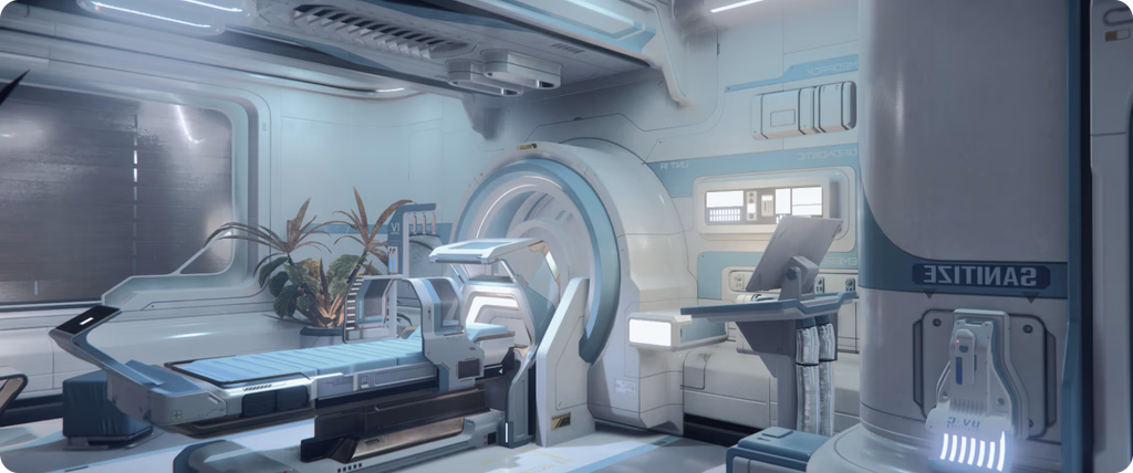 High-tech medical bay and laboratory with a clean, sterile aesthetic in shades of white and light blue.